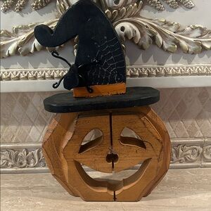NWZt Halloween Wooden Pumpkin with Black Witch Hat Decor